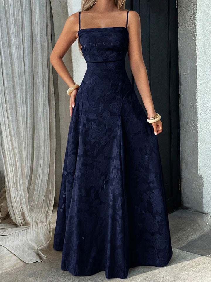 Robe longue plissée coupe trapèze, taille haute, en jacquard, à fines bretelles, couleur unie