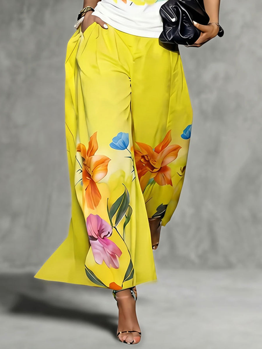 Pantalon ample taille haute, à imprimé floral, à poches, couleur unie