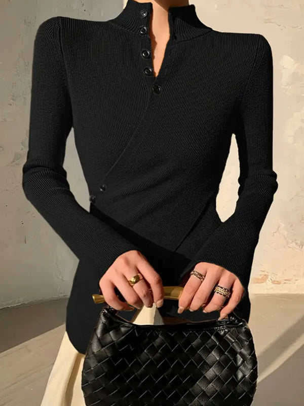 Pull asymétrique fendu devant à manches longues, à empiècements, à col en V