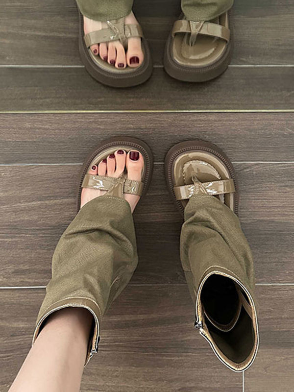Bottes à fermeture éclair creuses à empiècements et à bout fendu, chaussures à plateforme, sandales