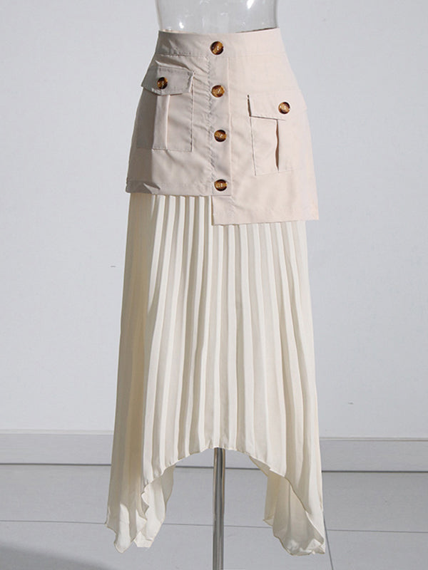 Jupe ample asymétrique boutonnée plissée coupe trapèze, à empiècements, à fermeture éclair