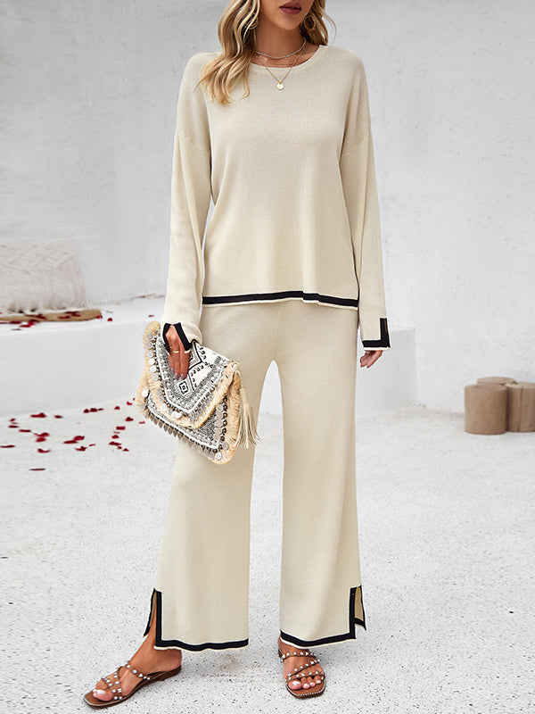 Ensemble deux pièces fendu sur le côté à manches longues, à empiècements, à col rond, à ourlet plongeant, couleur contrastée – pull + pantalon