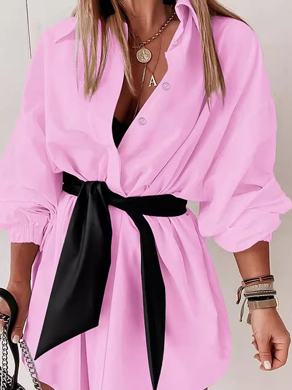 Robe chemise ample boutonnée à manches longues, à taille élastique, à taille nouée, à col revers