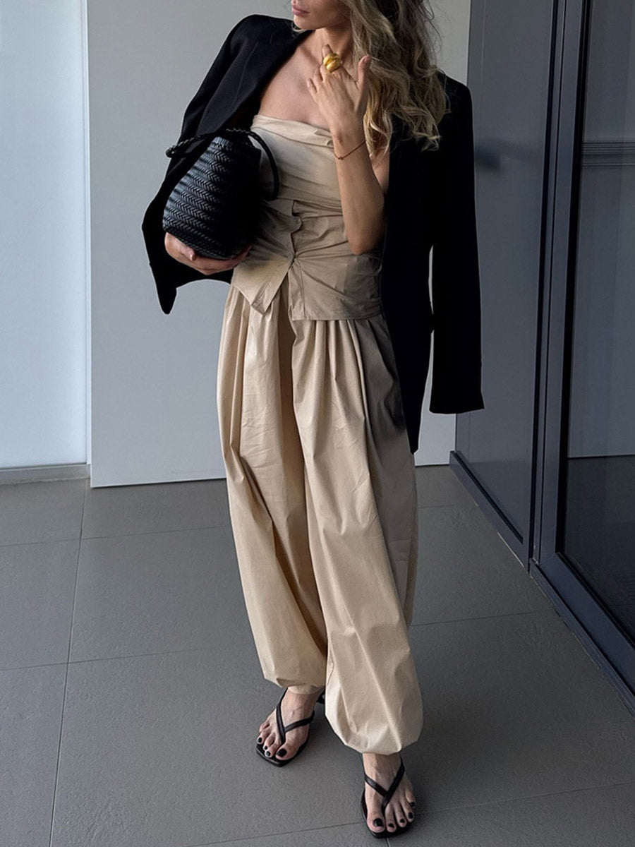 Pantalon resserré aux chevilles plissé à taille élastique, taille haute, à cordon de serrage, couleur unie