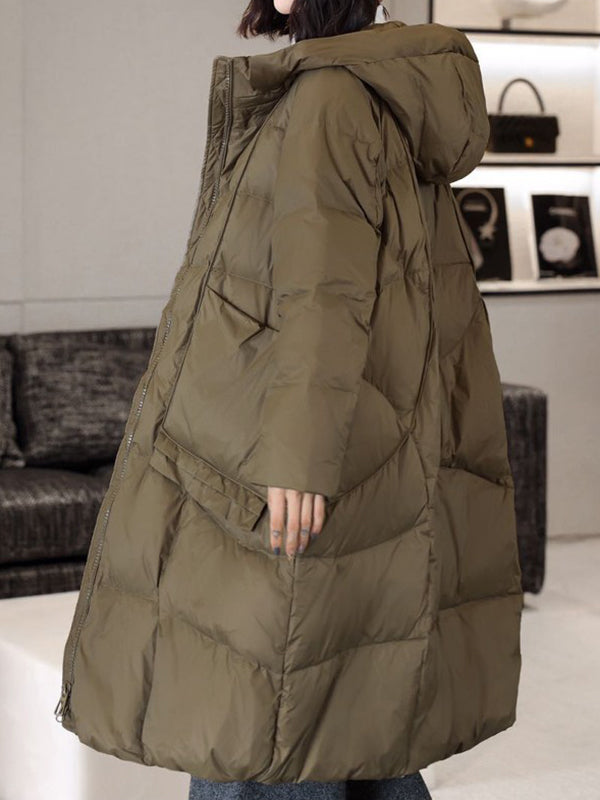 Manteau en duvet à capuche à manches longues et poches amples de couleur unie