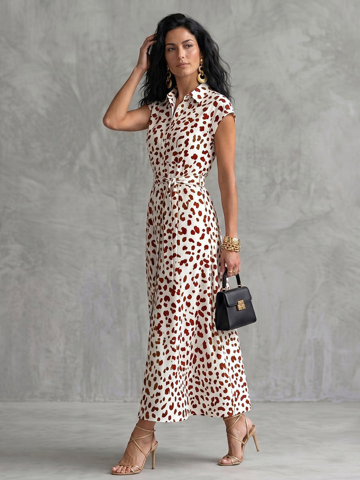 Robe chemise boutonnée imprimée coupe trapèze, à mancherons, à imprimé léopard, à taille nouée