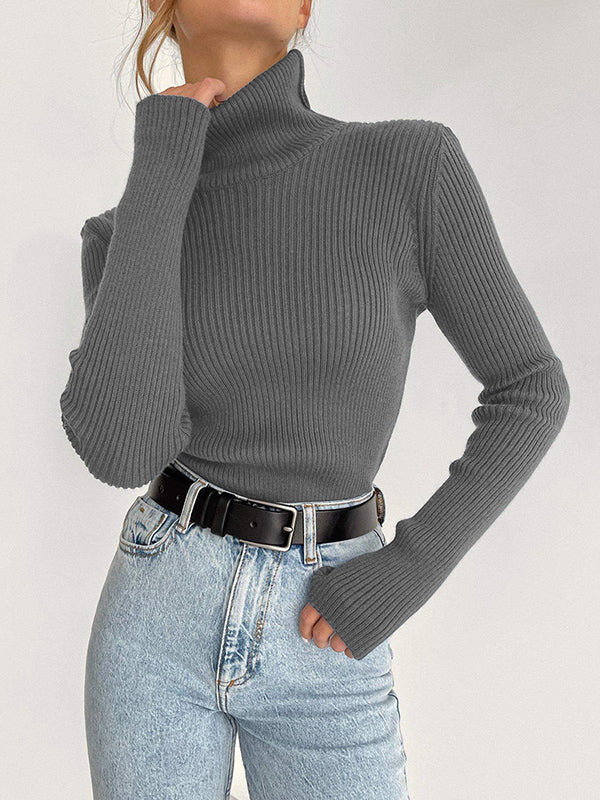 Pull à manches longues, coupe près du corps, à col haut, couleur unie