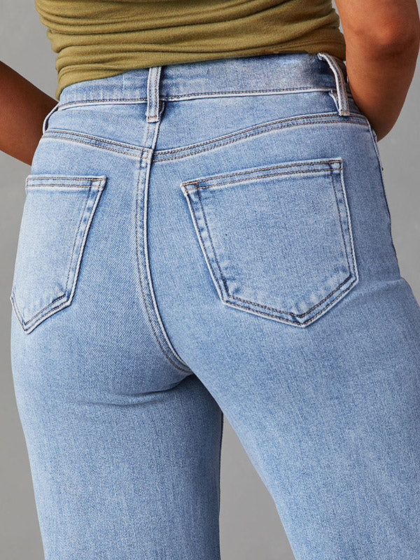 Jean taille haute, à jambes droites, à franges, à empiècements