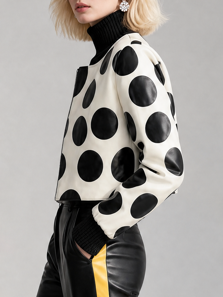 Veste à fermeture éclair, à empiècements, à pois, à manches longues, à col rond