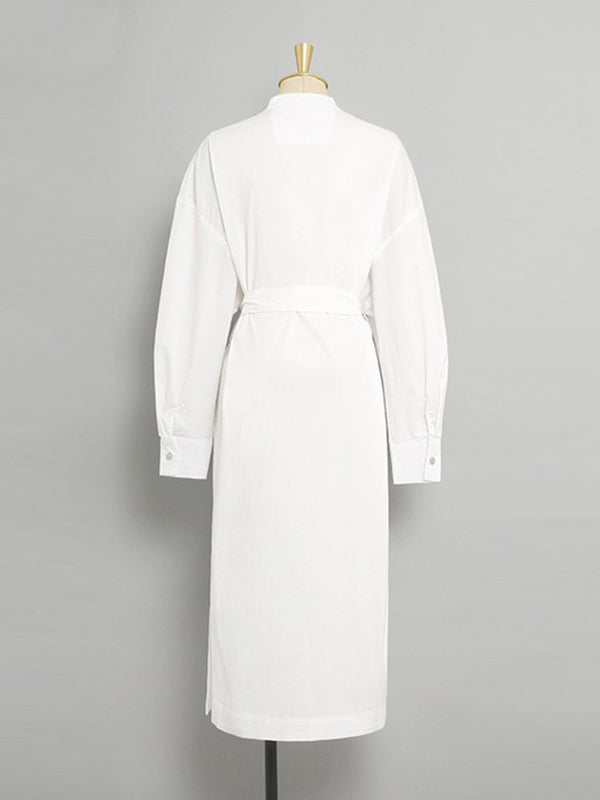 Robe chemise ample transparente fendue sur le côté à manches longues, à empiècements, à taille nouée, à col en V