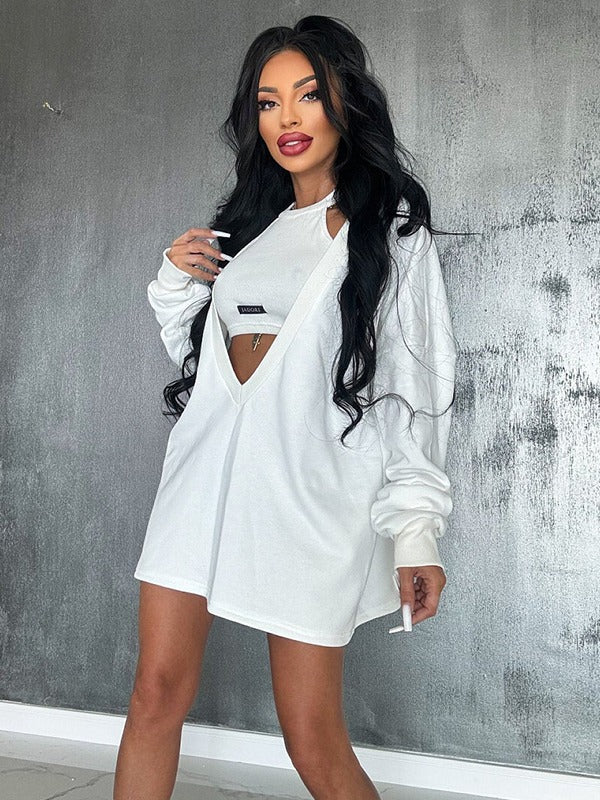 Ensemble deux pièces ample à col rond, couleur unie – robe courte + débardeur