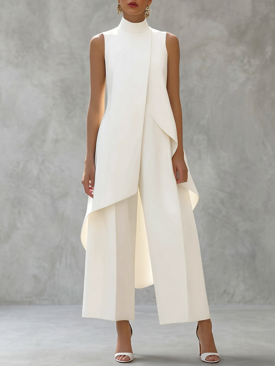Ensemble deux pièces à col cheminée, à ourlet plongeant, taille haute, couleur unie – chemisier + pantalon