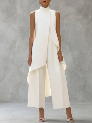Ensemble deux pièces à col cheminée, à ourlet plongeant, taille haute, couleur unie – chemisier + pantalon
