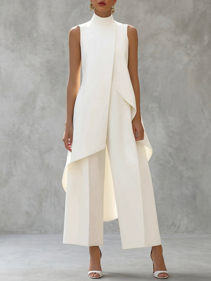Ensemble deux pièces à col cheminée, à ourlet plongeant, taille haute, couleur unie – chemisier + pantalon