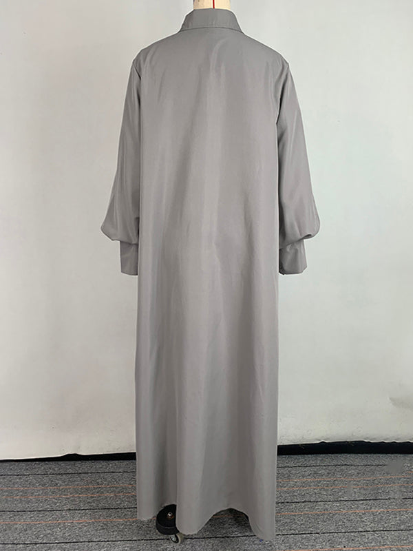 Robe chemise ample fendue sur le côté à manches longues, à empiècements, à col revers, couleur unie