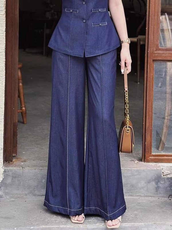 Pantalon ample taille haute, à taille élastique, à poches, couleur unie