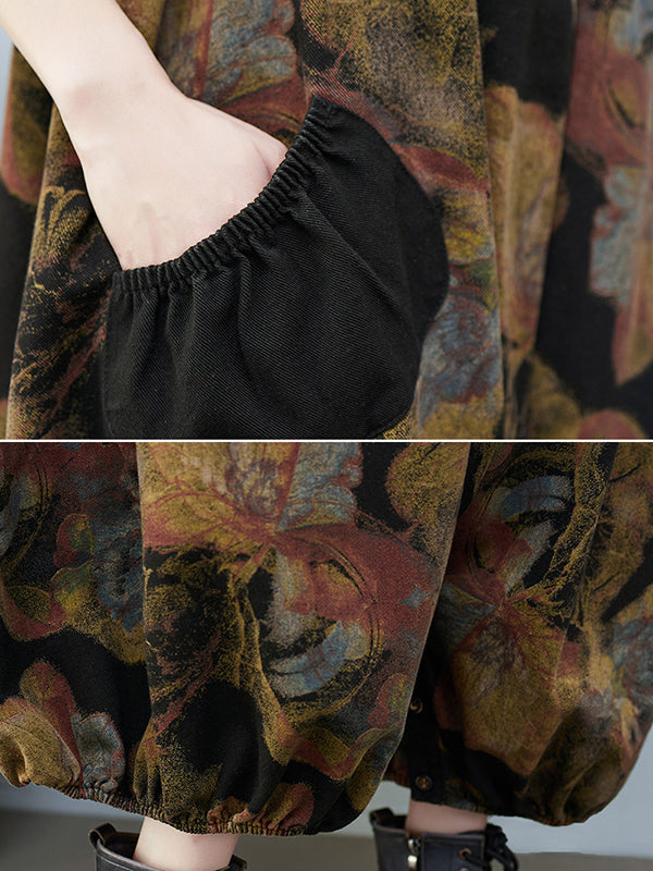 Salopette artistique ample rétro, vintage, à imprimé floral, à col carré, sans manches