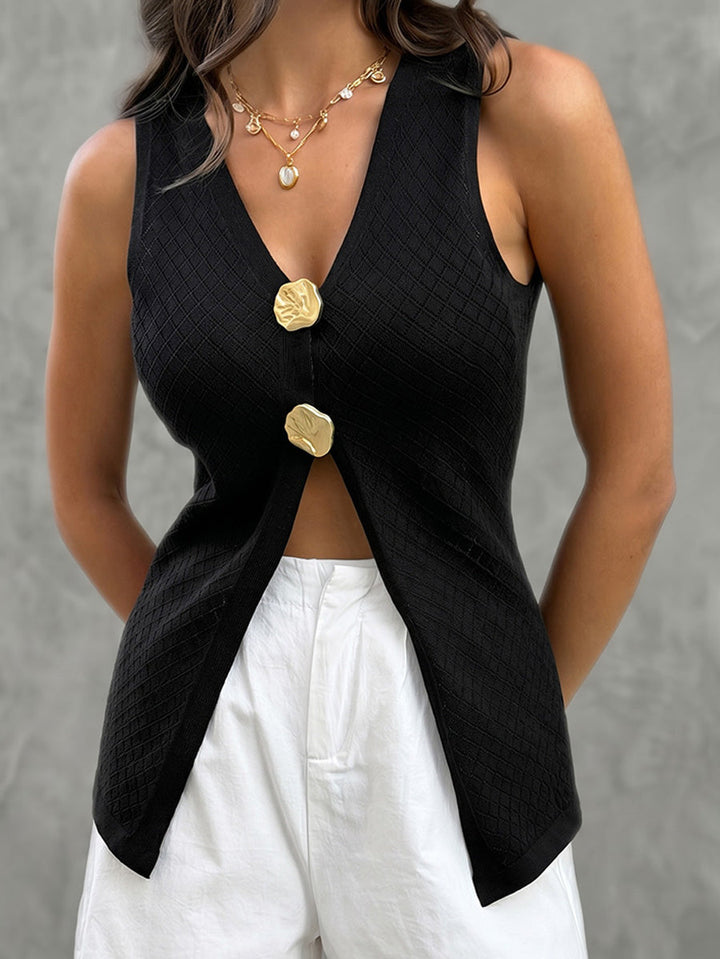 Débardeur boutonné texturé sans manches, à col en V, couleur unie