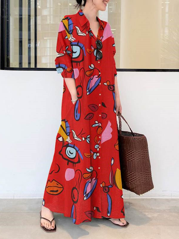 Robe chemise ample boutonnée imprimée à manches longues, à poches, à col revers