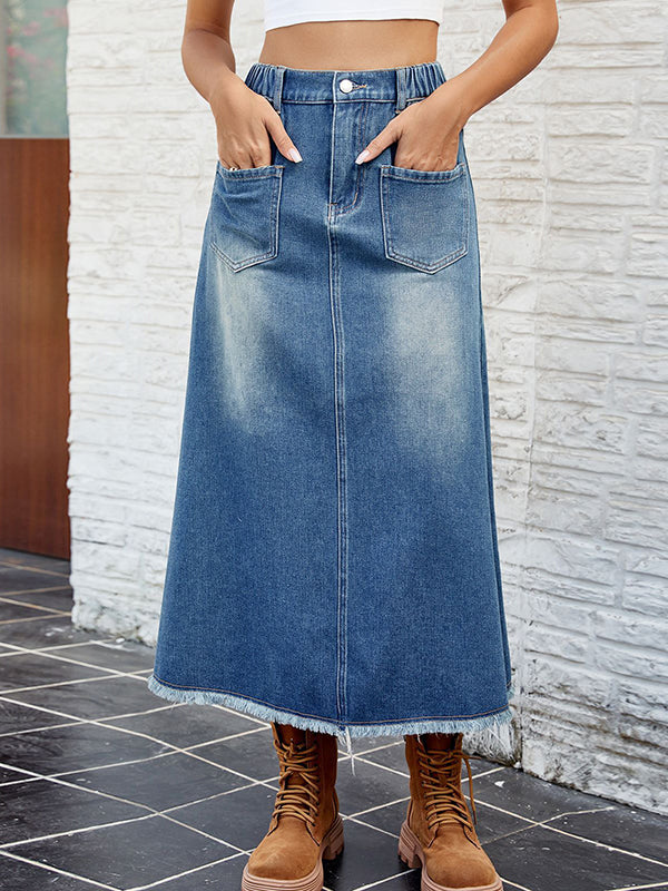 Jupe ample boutonnée coupe trapèze, à taille élastique, à franges, à poches, à empiècements