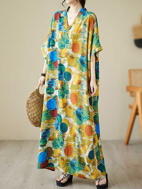 Robe longue à manches chauve-souris, à manches mi-longues, à pois, à col en V, couleur contrastée