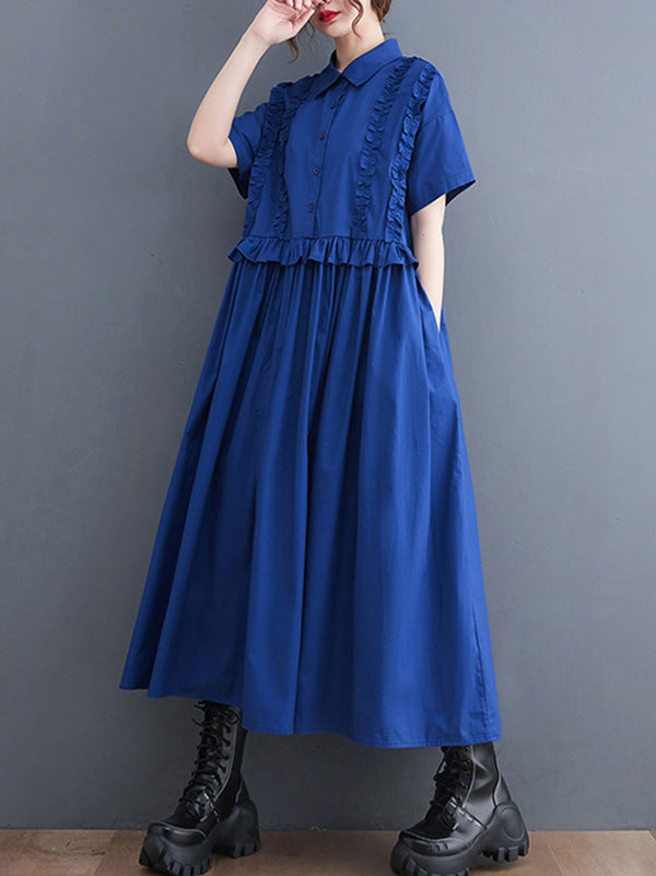 Robe chemise mi-longue de couleur unie, simple, manches courtes, ample, boutonnée, Volants, à empiècements