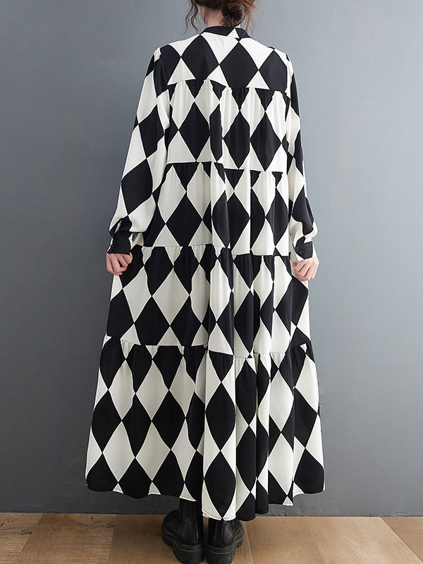 Robe mi-longue boutonnée coupe trapèze, à manches longues, à carreaux, col polo