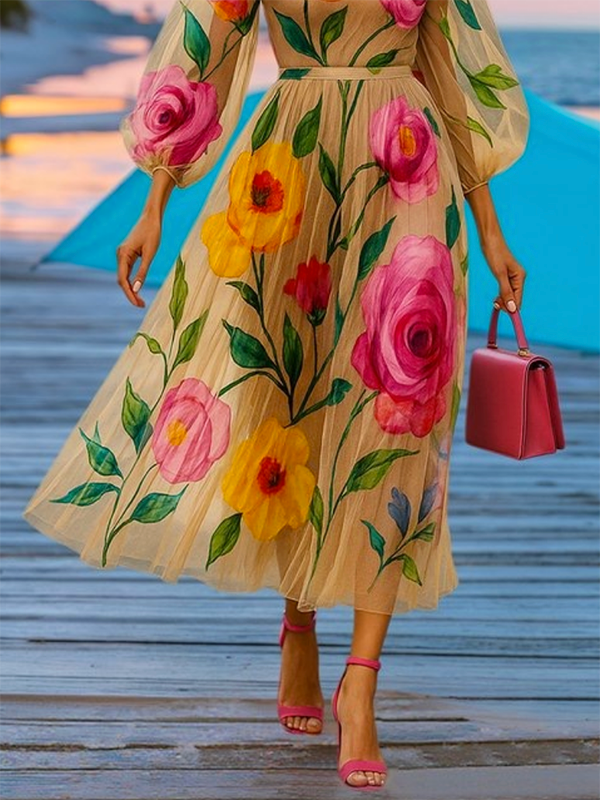 Robe mi-longue transparente ample à imprimé floral, à manches bouffantes, à col rond