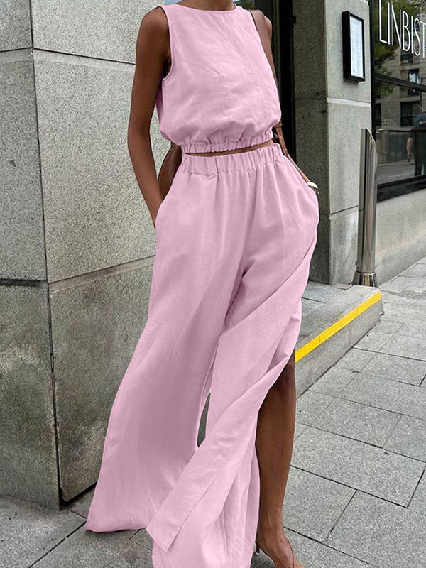 Ensemble deux pièces avec gilet à col rond et pantalon taille haute fendu sur le côté, élasticité ample, couleur unie