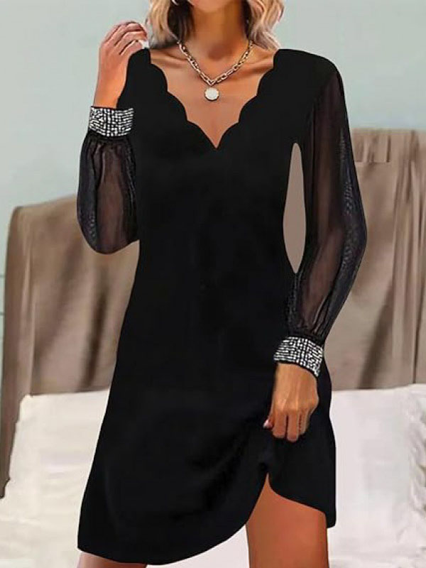 Robe courte ample transparente à manches longues, à taille élastique, à empiècements, à col en V