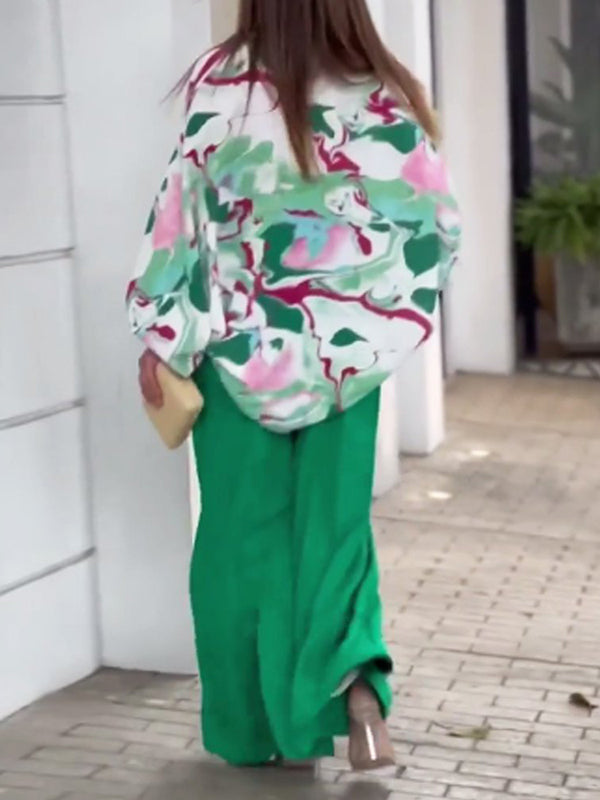 Ensemble deux pièces : blouse à couleurs contrastées + pantalon large uni