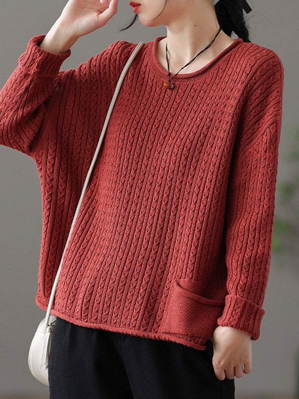 Pull artistique ample rétro, à manches longues, en jacquard, à col rond, couleur unie