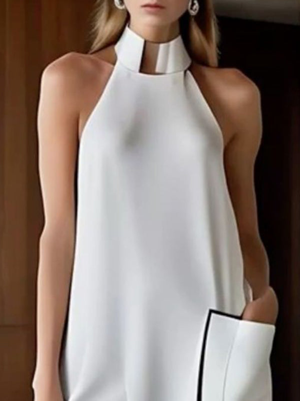 Robe mi-longue à ourlet plongeant, sans manches, à poches, à empiècements, à col haut, couleur unie