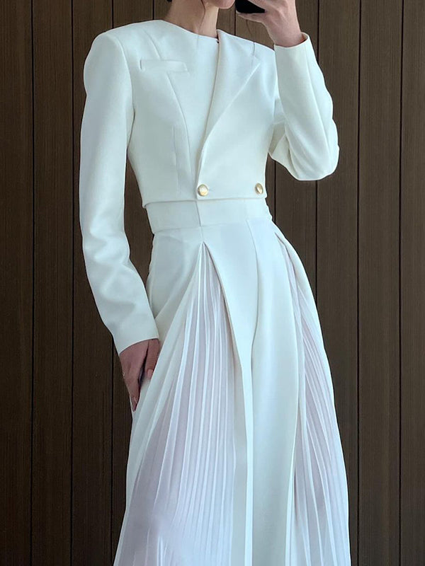 Blazer à manches longues boutonné, couleur unie, col rond, haut + fermeture éclair, jambe large, pantalon plissé en maille, bas, ensemble deux pièces