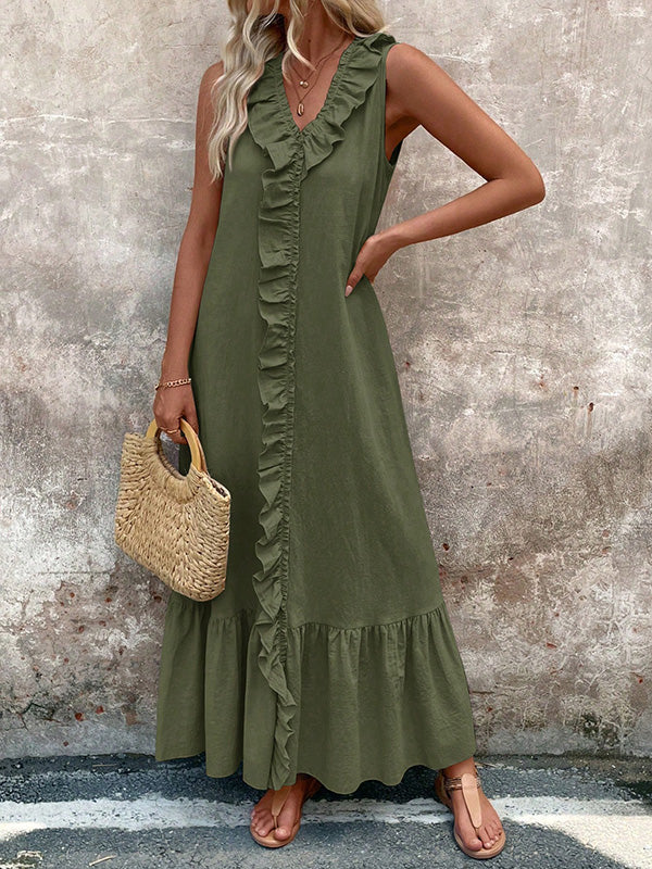 Robe longue ample plissée coupe trapèze, à bordure volantée, à col en V, couleur unie