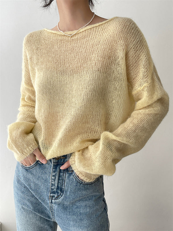 Pull fin tricoté en Mohair doux, manches longues, couleur unie, hauts fins