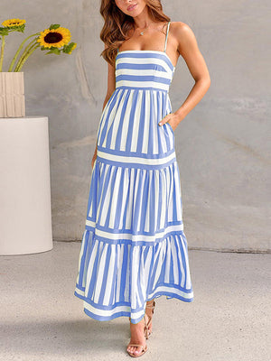 Robe longue ample plissée rayée sans manches, à empiècements, à fines bretelles