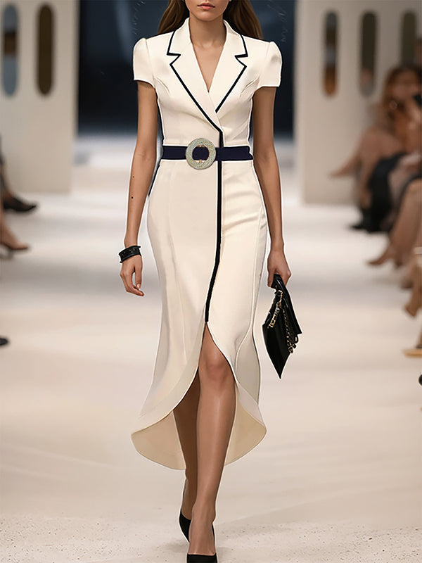 Robe longue moulante plissée à ourlet plongeant, sans ceinture, à col cranté, couleur unie