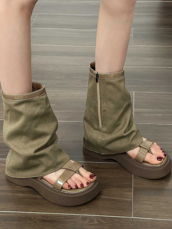 Bottes à fermeture éclair creuses à empiècements et à bout fendu, chaussures à plateforme, sandales
