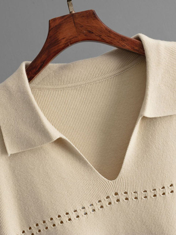 Ensemble deux pièces ample ajouré à manches bouffantes, à taille élastique, couleur unie – pull + jupe