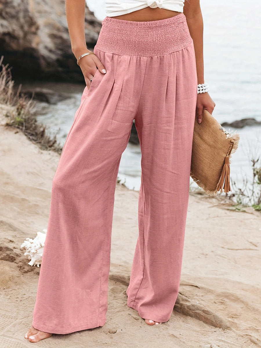 Pantalon plissé à taille élastique, taille haute, à poches, à empiècements, couleur unie