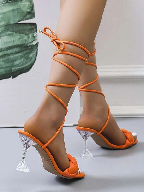 Sandales à talons à lacets, à bout ouvert, à empiècements, à bout carré