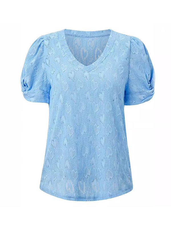 T-shirt ample plissé à manches courtes, à imprimé cœurs, à nœud, à empiècements, à col en V, couleur unie