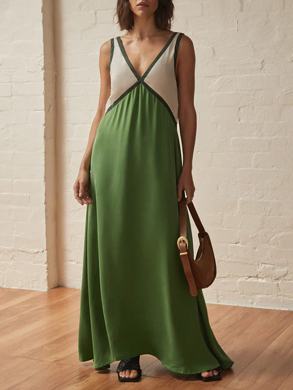 Robe longue ample sans manches, à empiècements, à décolleté en V profond, couleur contrastée