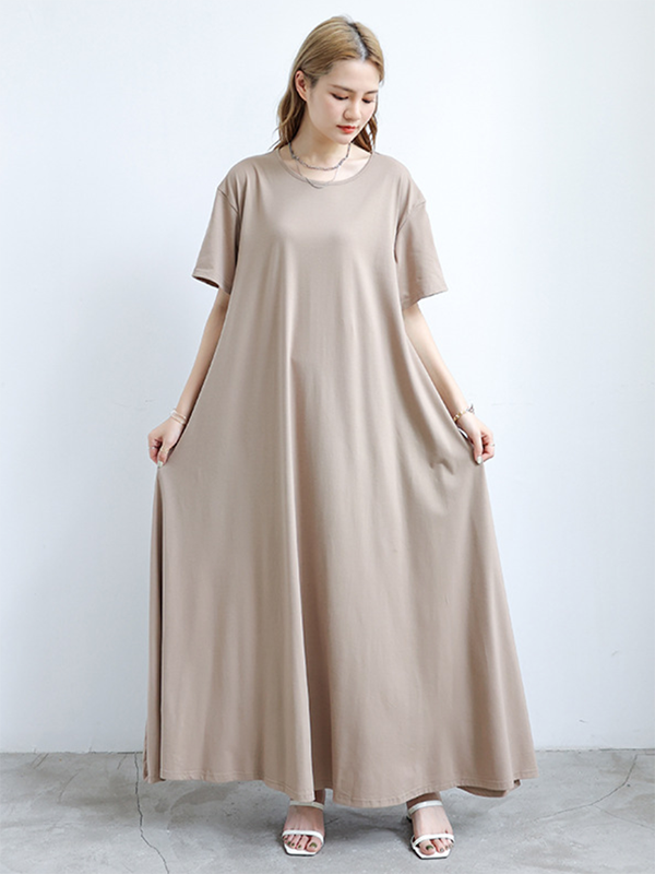 Robe longue simple ample à manches courtes, à col rond, couleur unie