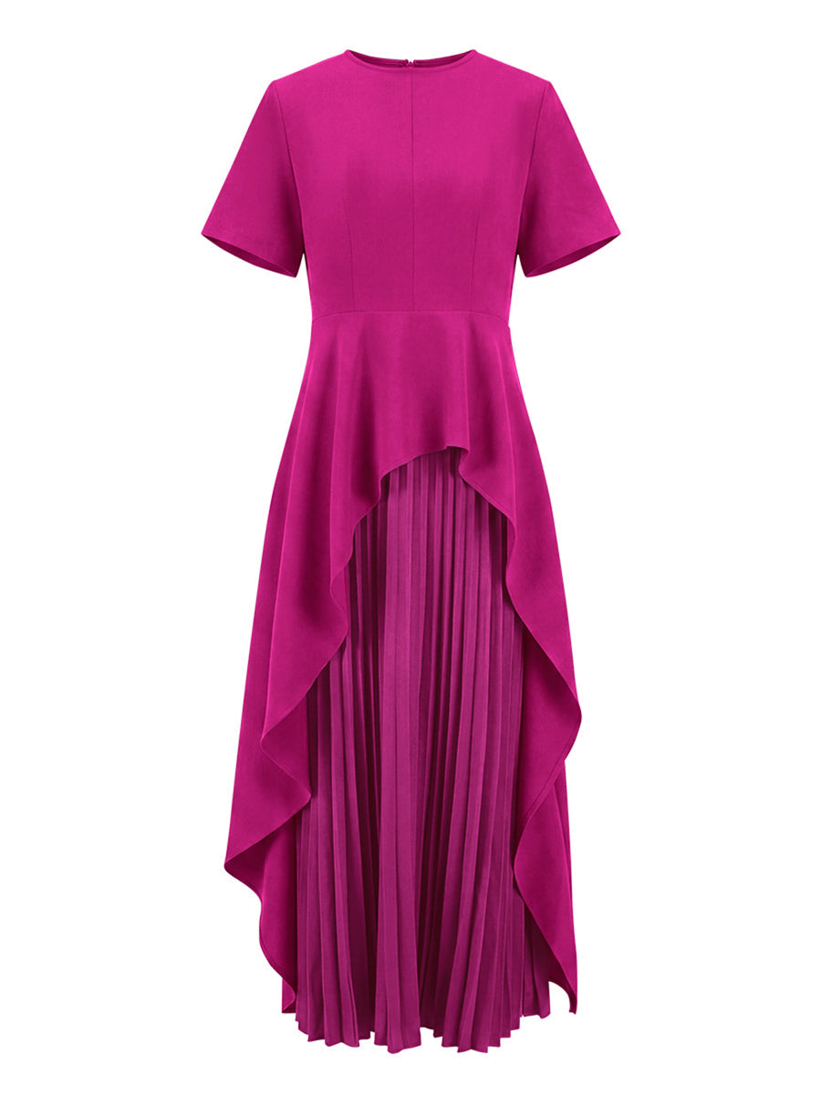Robe longue plissée coupe trapèze, taille haute, à empiècements, à col rond, couleur unie