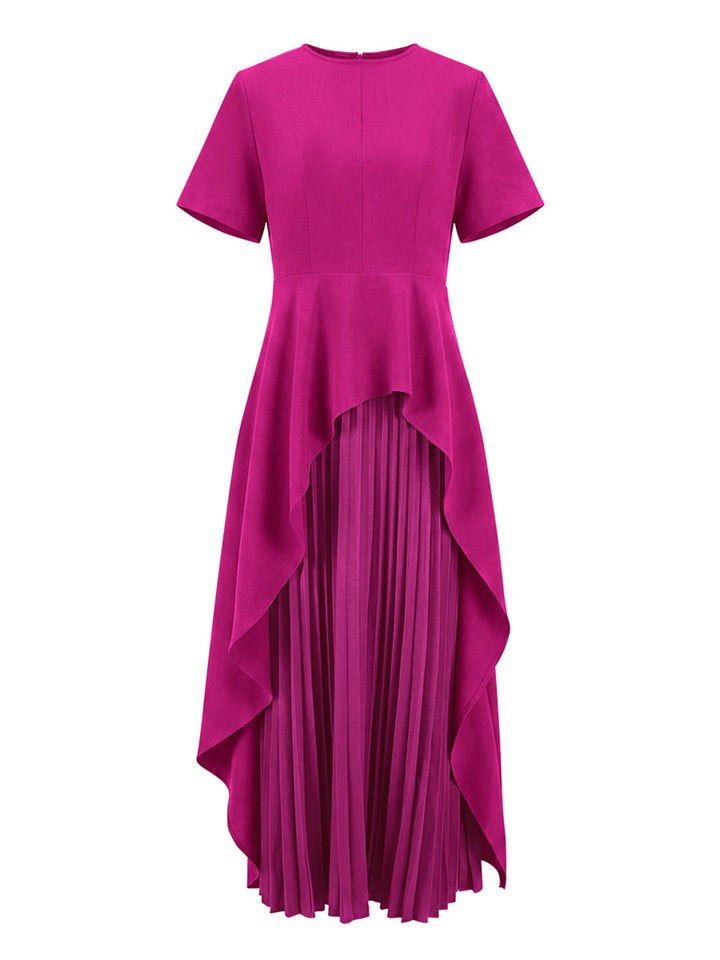Robe longue plissée coupe trapèze, taille haute, à empiècements, à col rond, couleur unie