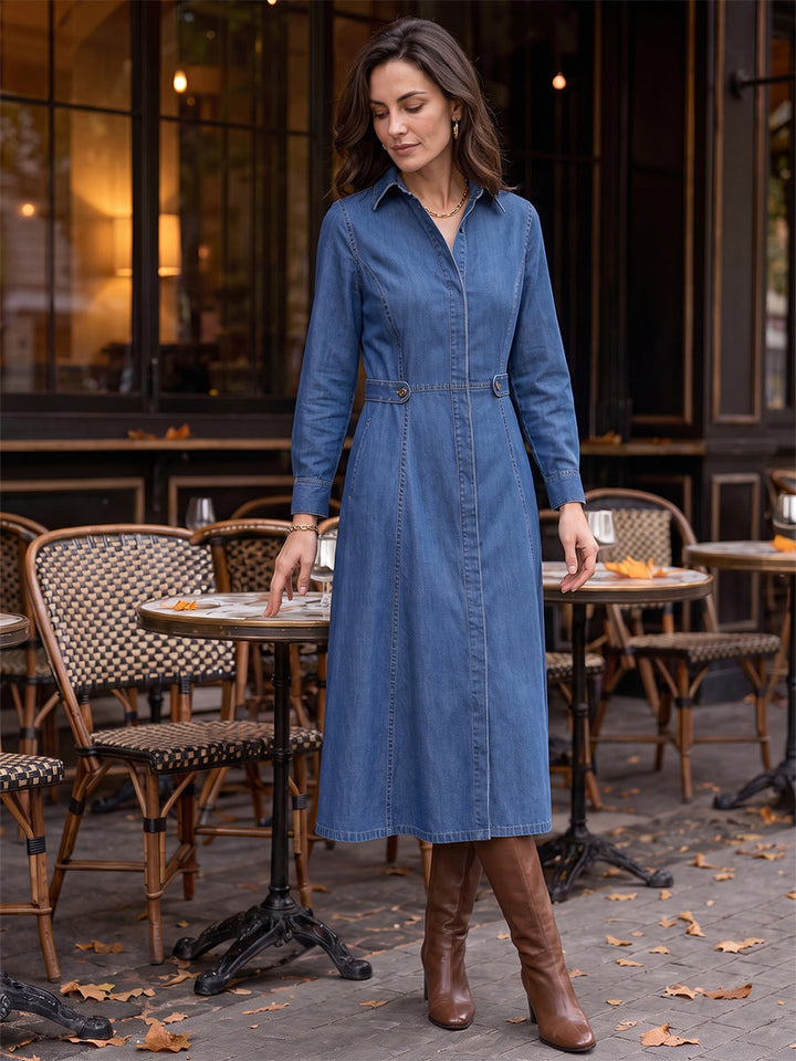 Robe mi-longue boutonnée à empiècements, à poches, à manches longues, taille haute, à col revers, couleur unie