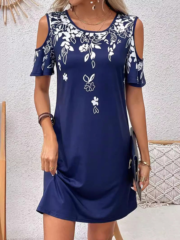 Robe courte ample ajourée coupe trapèze, à imprimé floral, à épaules ajourées