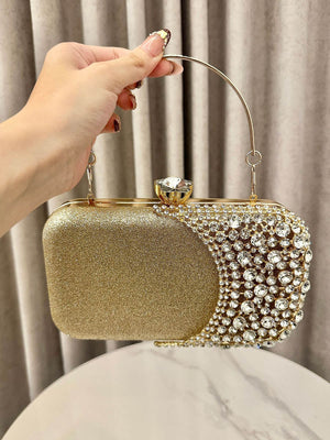 Pochette de soirée géométrique brillante à coupe irrégulière, à chaîne, à cadenas, à strass